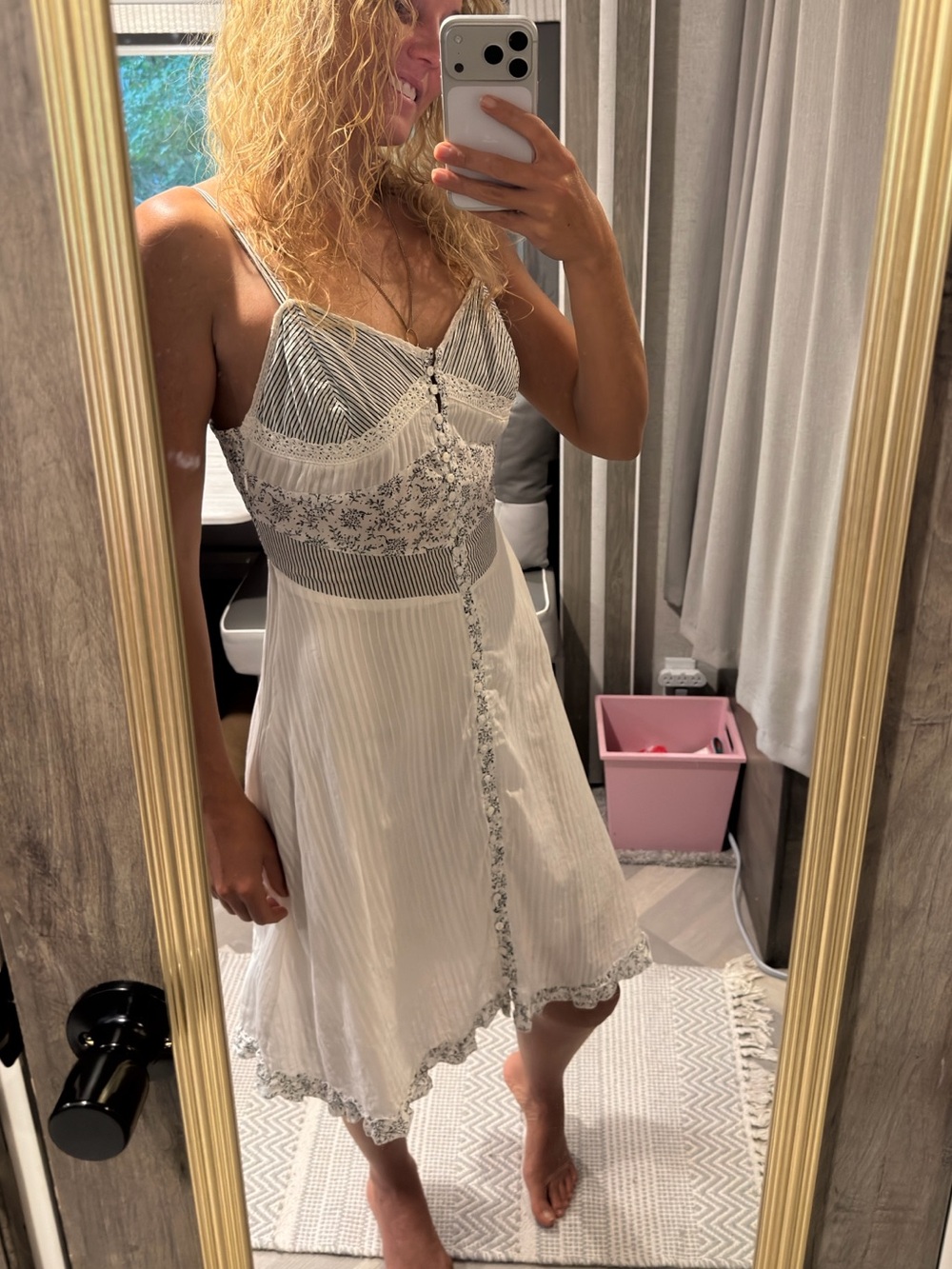 Vintage Y2K Motivi White Lace-Trim Slip Dress Sundress with Gray Detailing